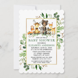 Greenery Guld Ram Woodland Animals Baby Shower Inbjudningar