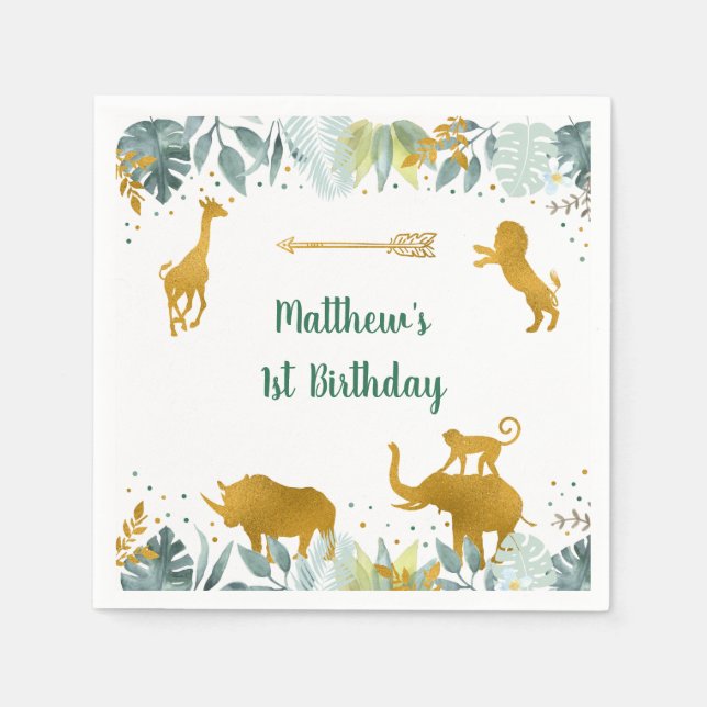 Greenery Guld Safari Animal Birthday Pappersservett (Framsidan)
