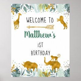 Greenery Guld Safari Animal Birthday Välkommen Poster