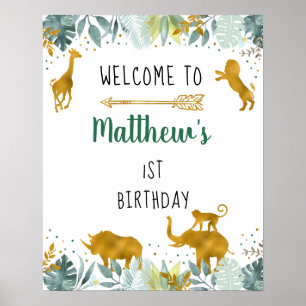 Greenery Guld Safari Animal Birthday Välkommen Poster