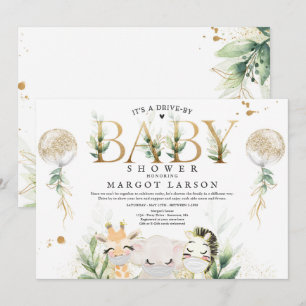 Greenery Guld Safari Animals kör med babyskor Inbjudningar