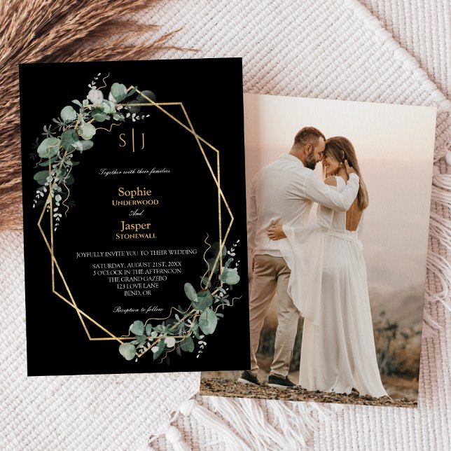 Greenery Guld Simple Black Monogram Photo Bröllop Inbjudningar (Skapare uppladdad)