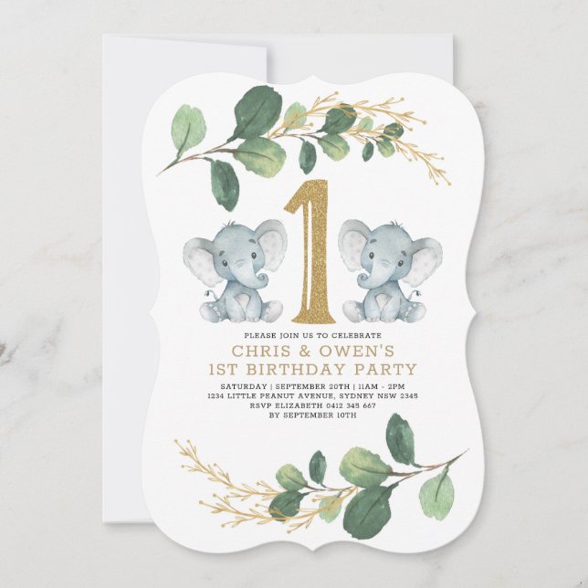 Greenery Guld Twin Elephant 1st Birthday Vild One Inbjudningar (Framsida)