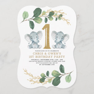 Greenery Guld Twin Elephant 1st Birthday Vild One Inbjudningar