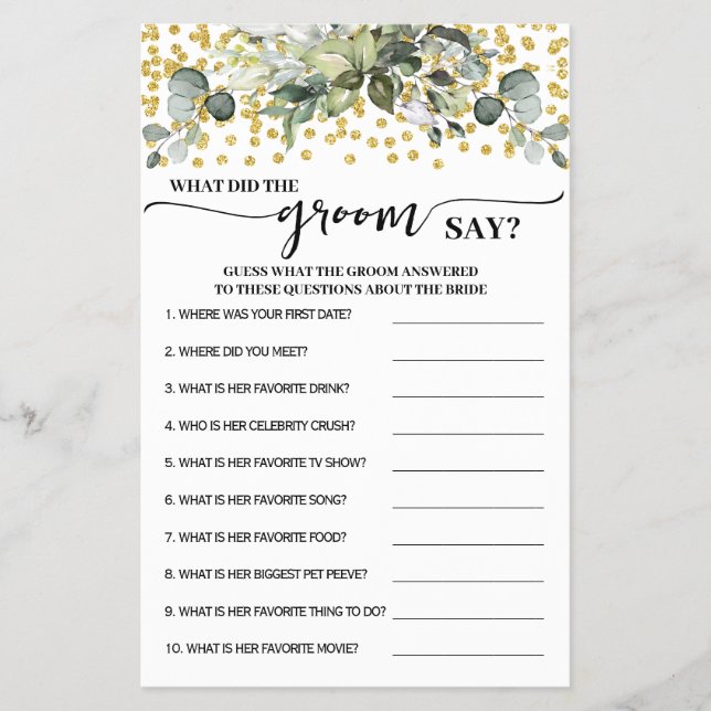 Greenery Guld Vad sa Groom om ett storslaget spelk Flygblad (Framsidan)