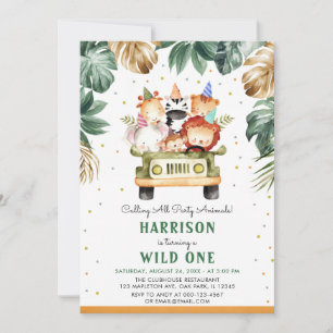 Greenery Guld Vild One Safari Animals 1:a bithday Inbjudningar