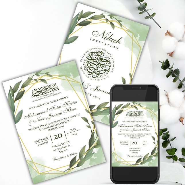 Greenery Guld White Muslim Bröllop Nikah Inbjudningar (Skapare uppladdad)