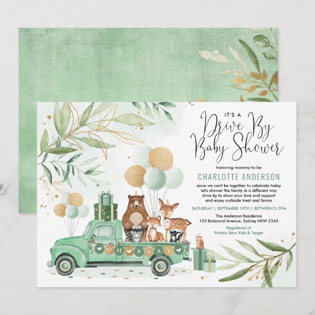 Greenery Guld Woodland Drive through Baby Shower Inbjudningar (Fram/baksida)