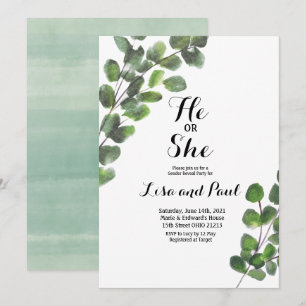 Greenery Han eller hon Gender Reveal bjudan Inbjudningar