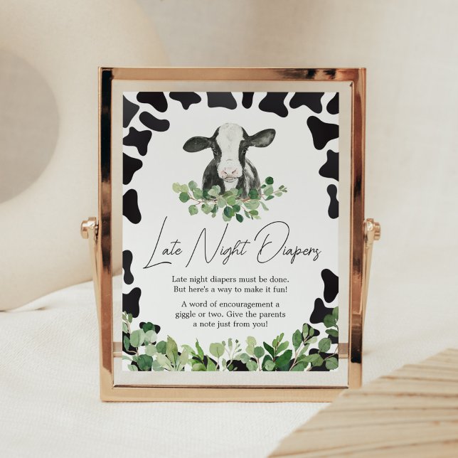 Greenery Heliga Cow Baby Shower Late Night Diaper Poster (Gender Neutral Highland Cow Baby Shower Late Night Diapers Sign)