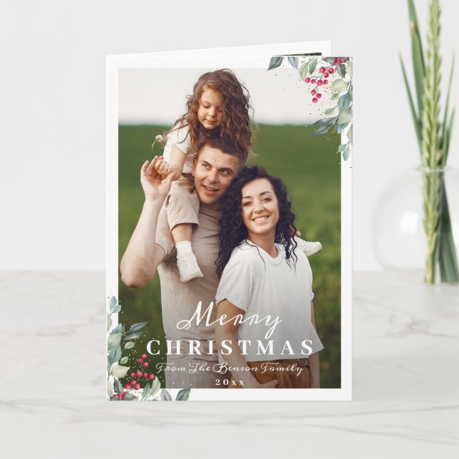 Greenery Holly Berries 2 Photo God jul Helgkort (Framsida)