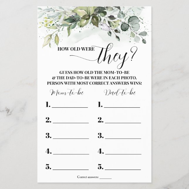 Greenery hur gamla de var, babyvisare, spelkort flygblad (Framsidan)