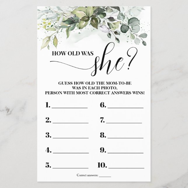 Greenery Hur gammal var Mamma Baby Shower Game Car Flygblad (Framsidan)