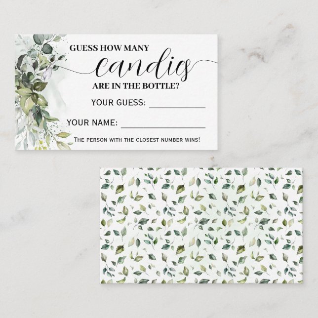 Greenery Hur många Candies Baby Shower-spelkort Placeringskort (Fram/baksida)
