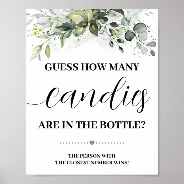 Greenery Hur många Candies Baby Shower-spelskylt Poster (Framsidan)