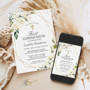 Greenery Ivory Blommigt First Communion-inbjudan Inbjudningar