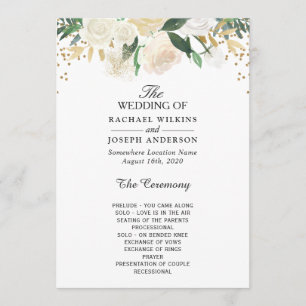 Greenery Ivory Blommigt Guld Glitter Bröllop Program