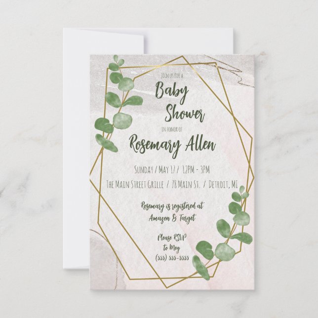 Greenery, Ivory och Guld Ram Baby Shower Inbjudningar (Framsida)