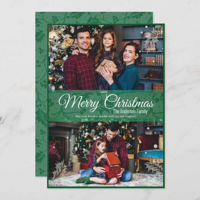 Greenery jul Holly Löv Grönt Ram 2 Photo Julkort (Fram/baksida)