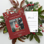 Greenery jul Photo Watercolor Burgundy Helg Vykort<br><div class="desc">Du kommer att kärlek dessa vackra julkort! De har botaniska vattenfärgsarrangemang med mistletoe, gräs grenar, bär och spädbarn andetag. Överst står det att god jul och höger under kan lägga till ett bild. Kortets grund har ställe för ett litet budskap, och sedan kan man lägga till namn och året under...</div>