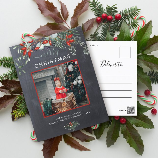 Greenery jul Photo Watercolor Chalkboard Helg Vykort (You will love these beautiful Christmas cards! They feature botanical watercolor pine and berries.)