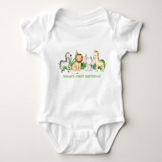 Greenery Jungle Animals 1:a födelsedagen Party Bab T Shirt (Framsida)