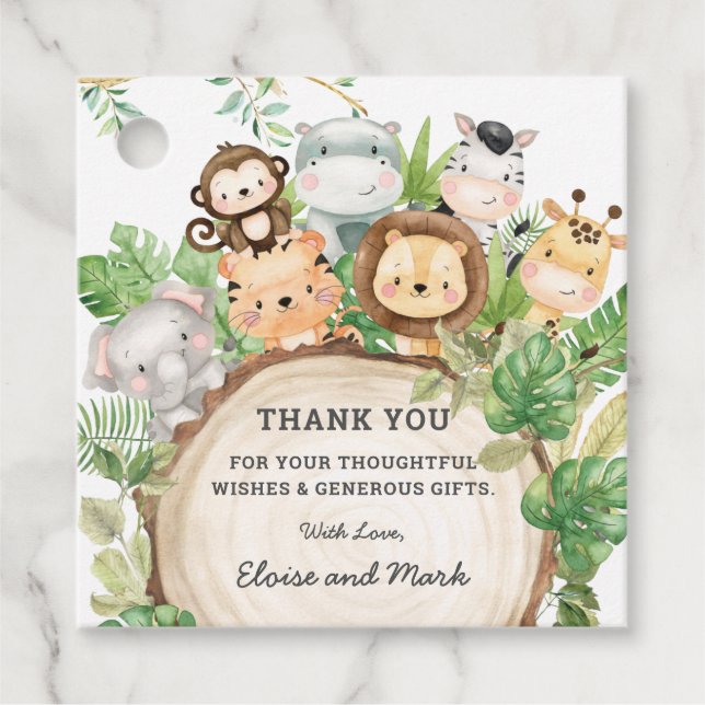 Greenery Jungle Animals Baby Shower Tack Favo Gåvor Etiketter (Framsida)