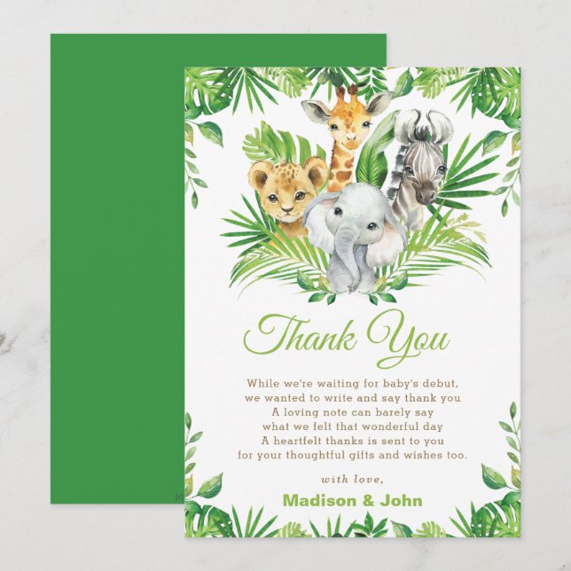 Greenery Jungle Animals Kön Neutral Baby Shower Tack Kort (Fram/baksida)