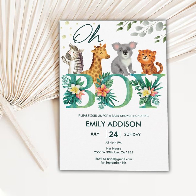 Greenery Jungle Animals Oh Boy Safari Baby Shower Inbjudningar (Greenery Jungle Animals Oh Boy Safari Baby Shower Invitation)