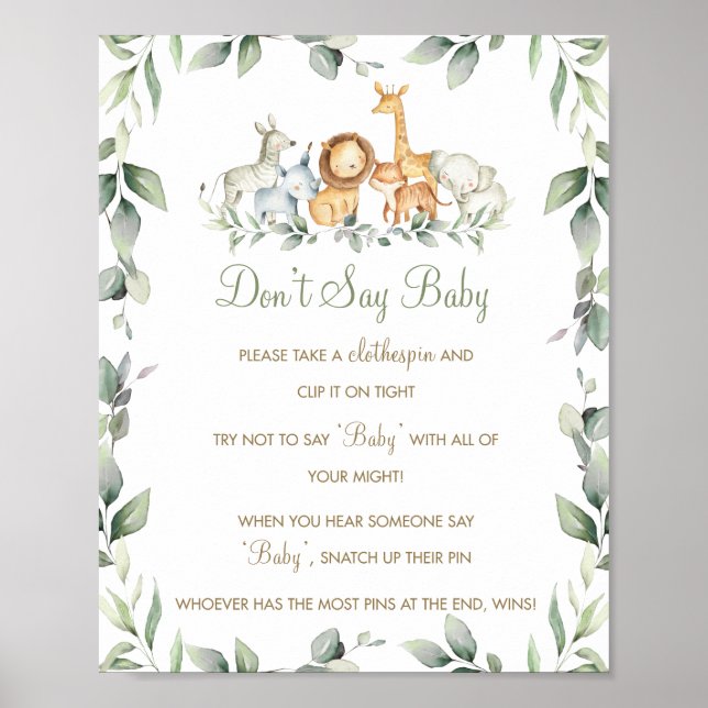 Greenery Jungle Animals säger inte Baby Game Poster (Framsidan)