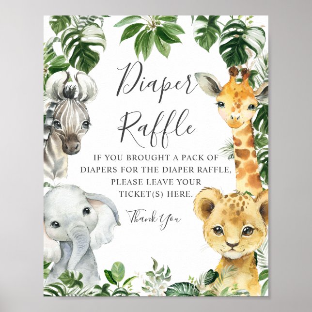 Greenery Jungle Safari Animals Diaper Raffle Sign Poster (Framsidan)
