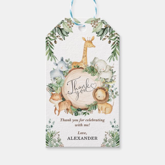 Greenery Jungle Safari Animals Vild En födelsedag Presentetikett (Framsidan)