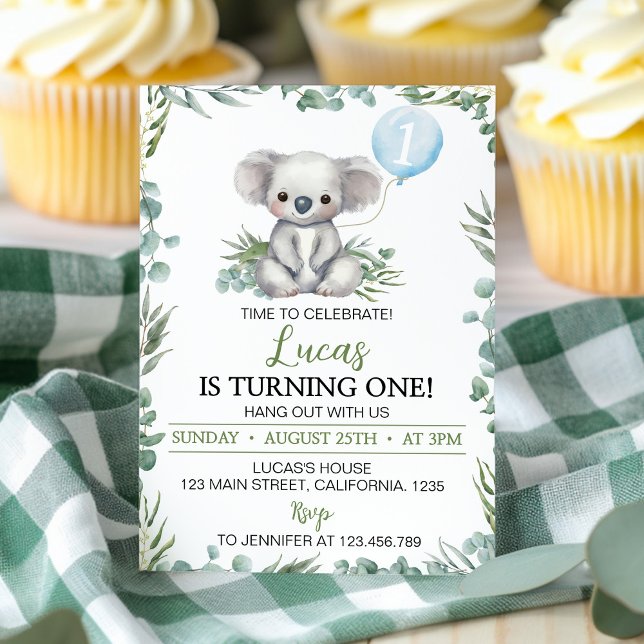 Greenery Koala Balloon Boy Birthday-inbjudan Inbjudningar (Skapare uppladdad)