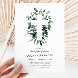 Greenery Kor Modern Baptism Christening Botanica Inbjudningar