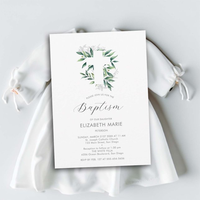 Greenery Kor Vita Grönten Baby Barndostim Inbjudningar (baby child baptism christening invitation white cross greenery botanical foliage watercolor elegant )