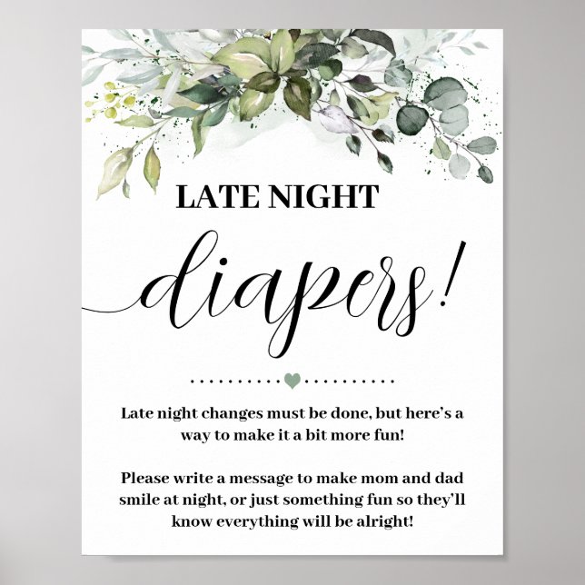 Greenery Late Late Diaper Baby Shower Game Sign Poster (Framsidan)