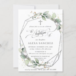 Greenery Leafy Foliage Baptism Silver Geometric Inbjudningar