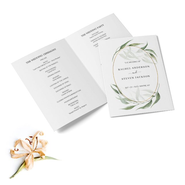 Greenery Leaves Gold Frame Wedding Folded Program (Skapare uppladdad)