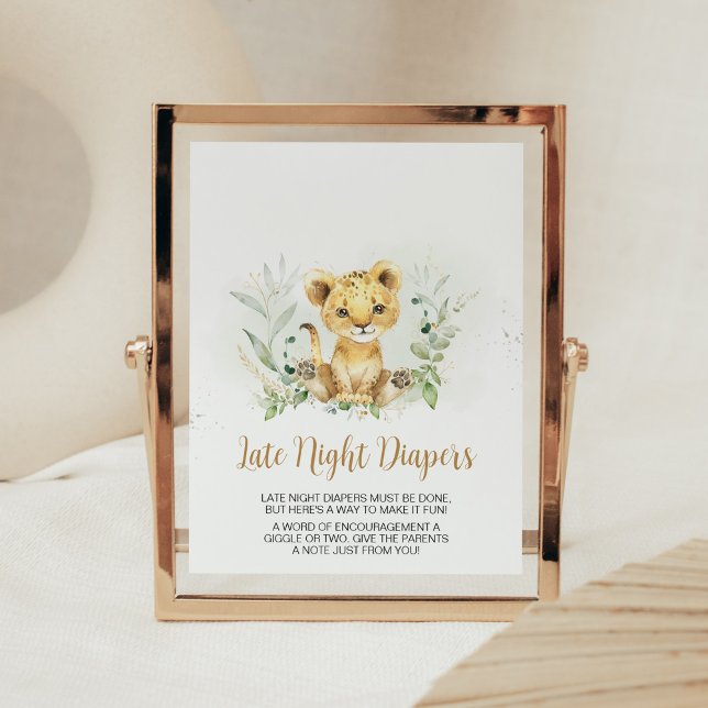 Greenery Lejon Baby Shower Late Night Diaper Poster (Gender Neutral Lion Jungle Baby Shower Late Night Diapers Sign)