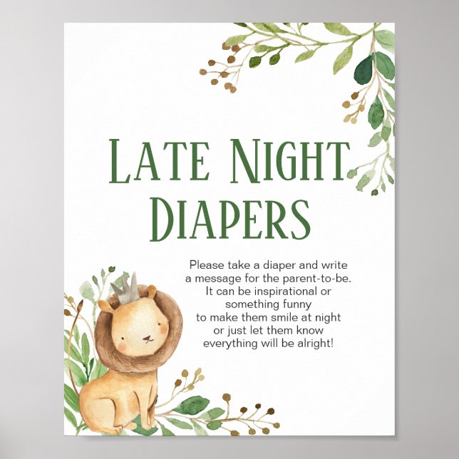 Greenery Lejon Baby Shower Night Diaper Sign Poster (Framsidan)