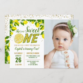 Greenery Lemon Sweet One First Birthday Photo Invi Inbjudningar