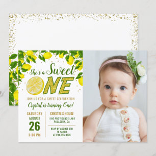 Greenery Lemon Sweet One First Birthday Photo Invi Inbjudningar
