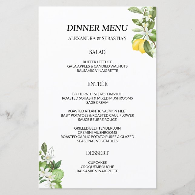 Greenery Lemony Bröllop Dinner Menu (Framsida)