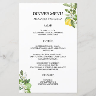 Greenery Lemony Bröllop Dinner Menu