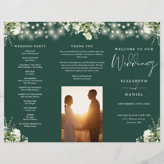 Greenery Lights Emerald Trifold Wedding Program (Framsidan)