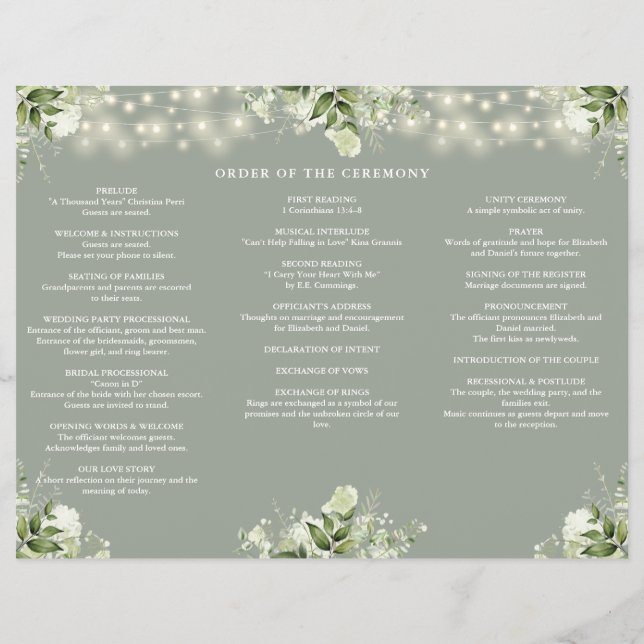 Greenery Lights Sage Green Trifold Wedding Program (Baksidan)