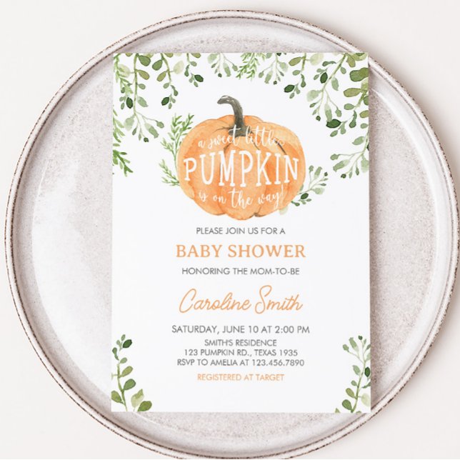 Greenery Little Pumpkin Baby Shower Inbjudningar (A Sweet Little Pumpkin is on the Way Baby Shower Invitation)