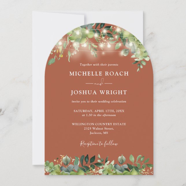 Greenery Ljus Arch Terracotta QR-koden Bröllop Inbjudningar (Framsida)