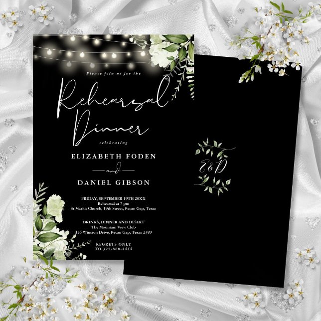 Greenery Ljus Black and White Rehearsal Dinner Inbjudningar (Greenery Lights Black And White Rehearsal Dinner Invitation)
