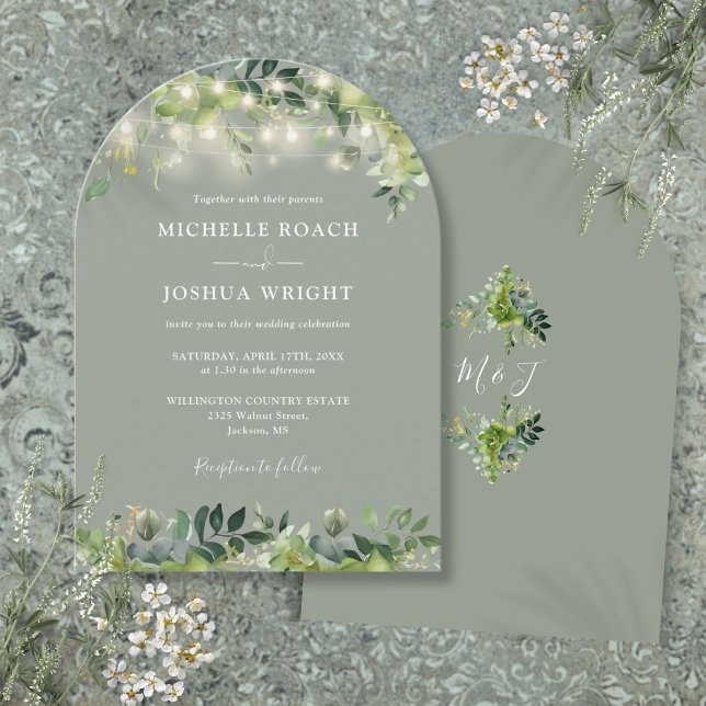Greenery Ljus Monogram Sage Grönt Bröllop Inbjudningar (Greenery Lights Monogram Sage Green Wedding Invitation)